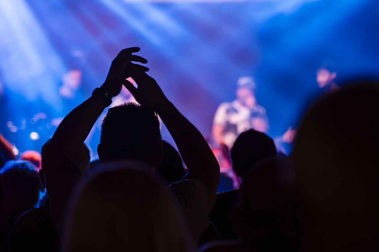 Energetic crowd at a live music concert with vibrant lighting and clapping hands.